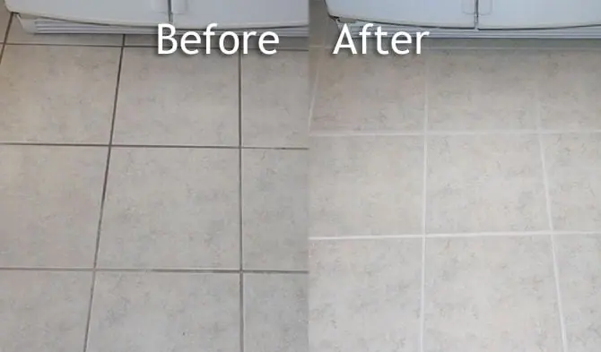 Light tile floor before and after, dingy grey grout on the left and clean grout on the right