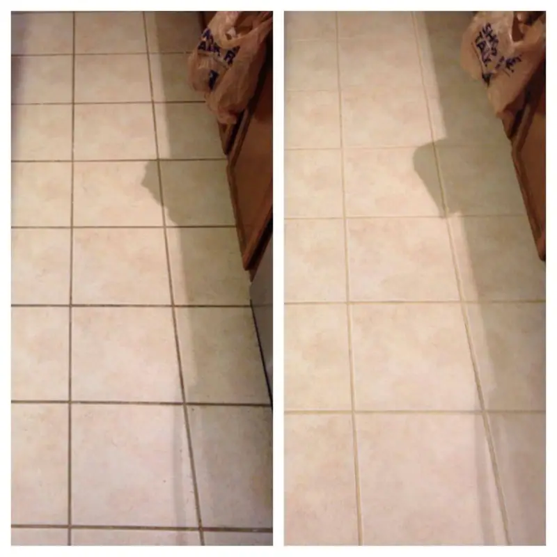 Kitchen tile floor before and after cleaning, the grout lines going from dark brown to light